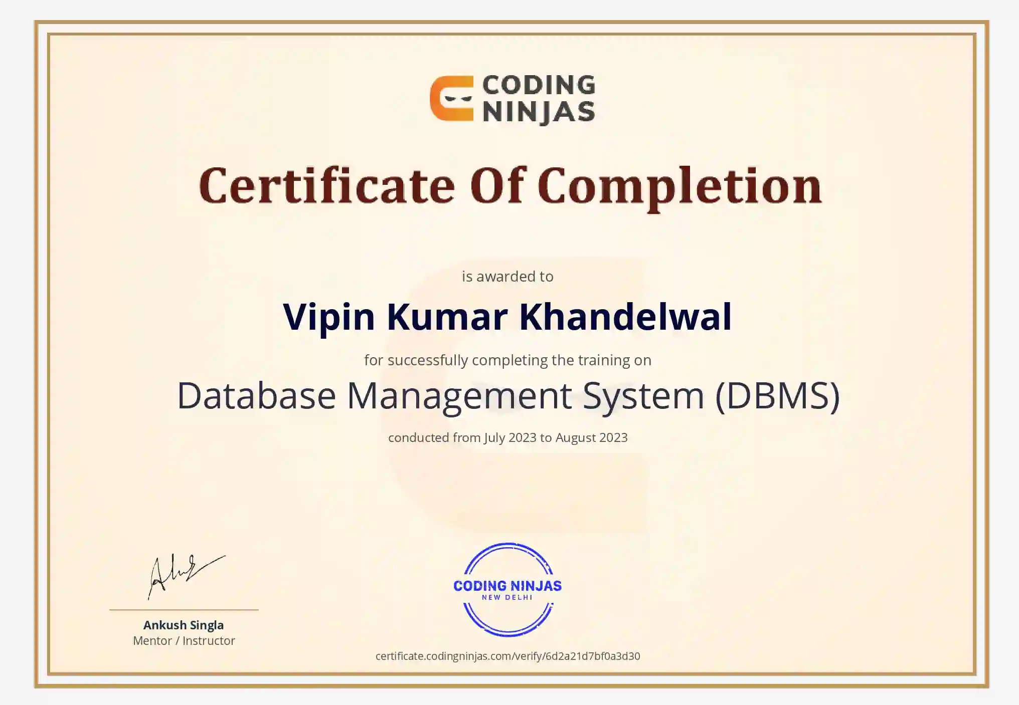 60% Complete Course Back-End (Database) Certificate