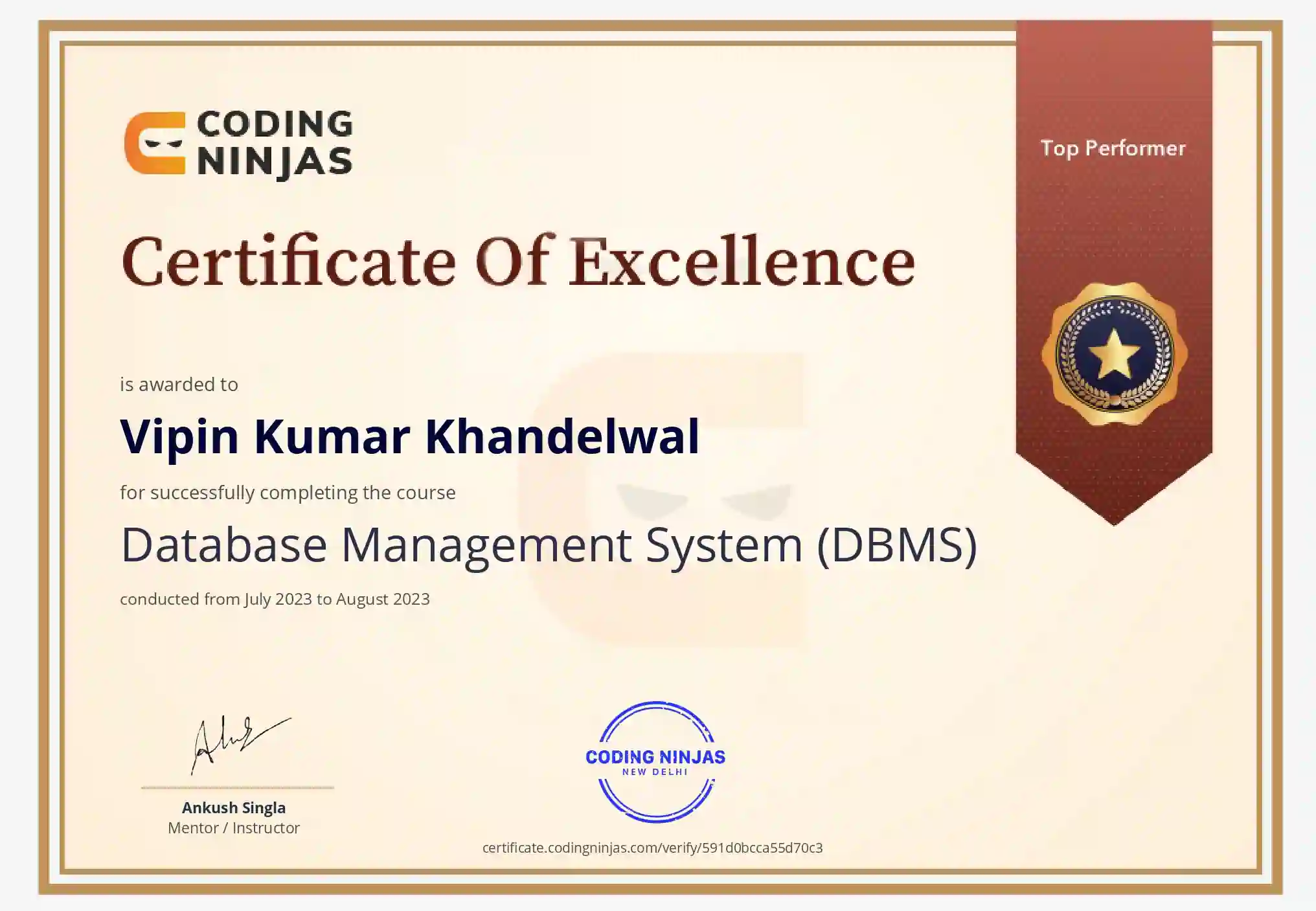 100% Complete Course Back-End (Database) Certificate