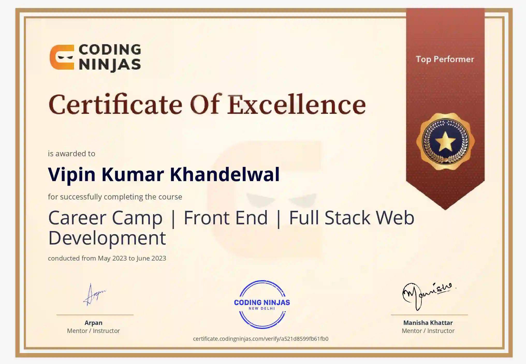 100% Complete Course Front-End Certificate