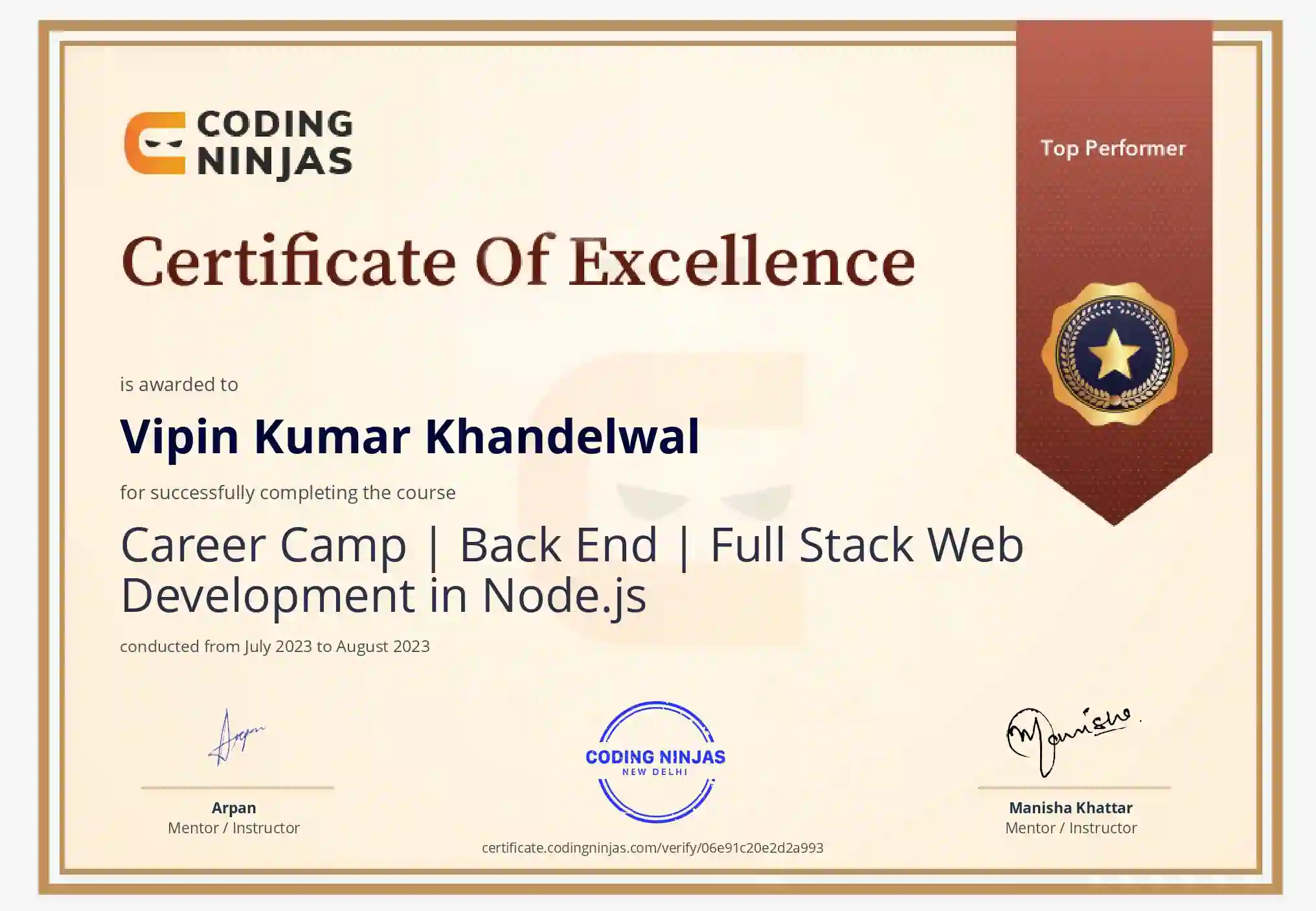 100% Complete Course Back-End (Node.js) Certificate